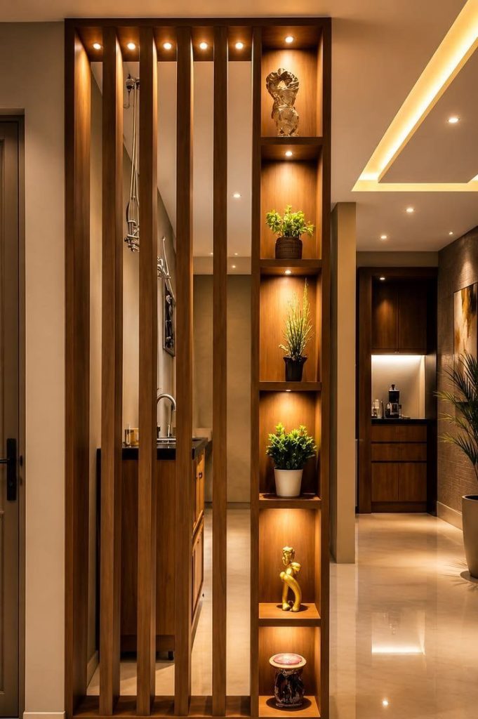 Wooden partition with lit display niches