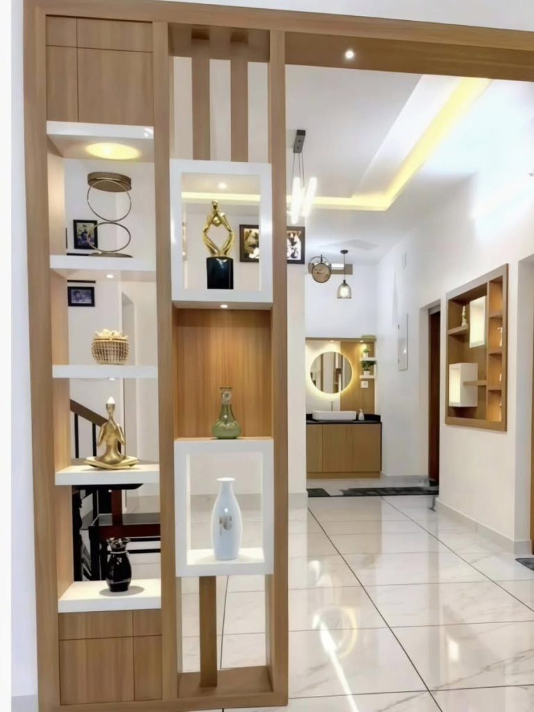 Partition with open display shelves