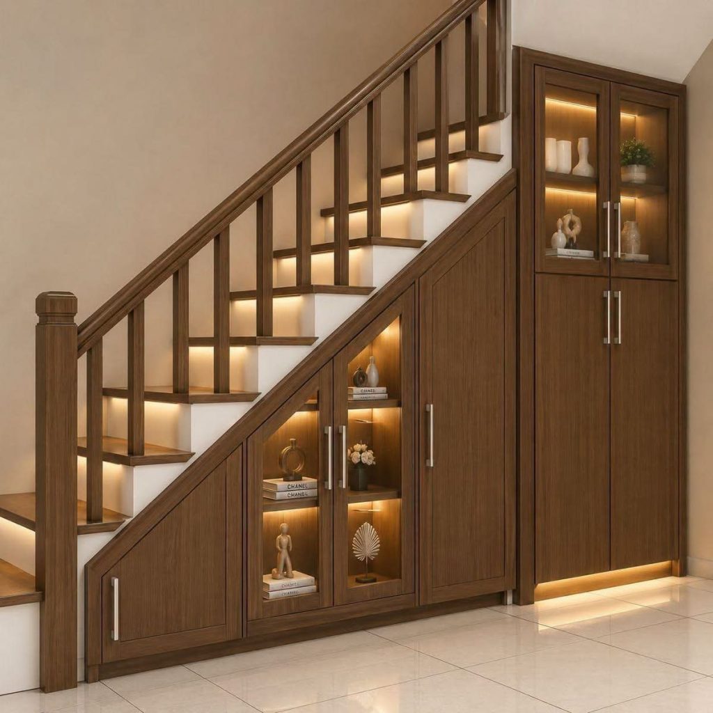 Under-stair wardrobe and display storage with lighting