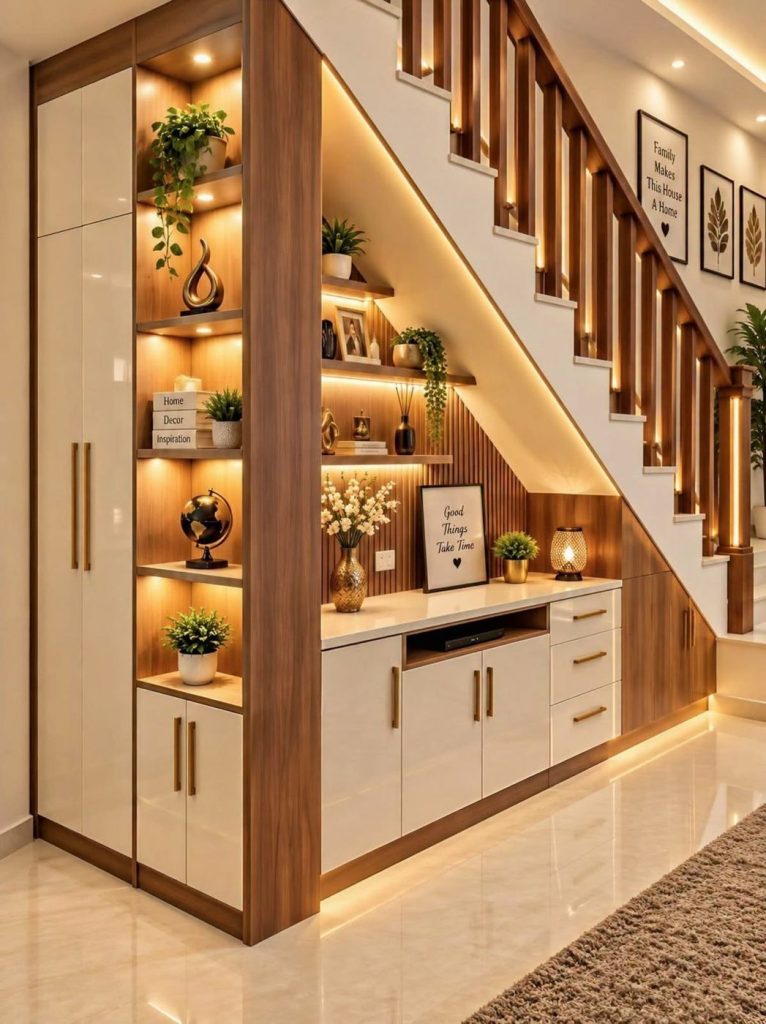 Under-stair storage with display shelves