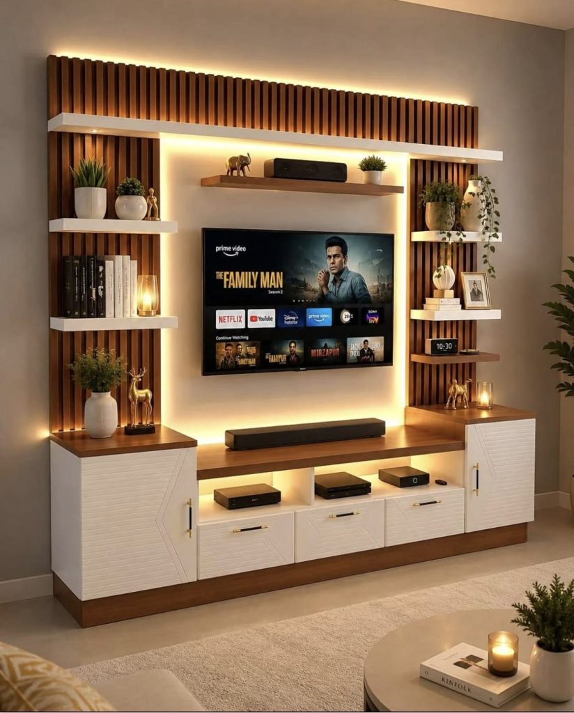 TV unit with wooden slats and backlit shelves