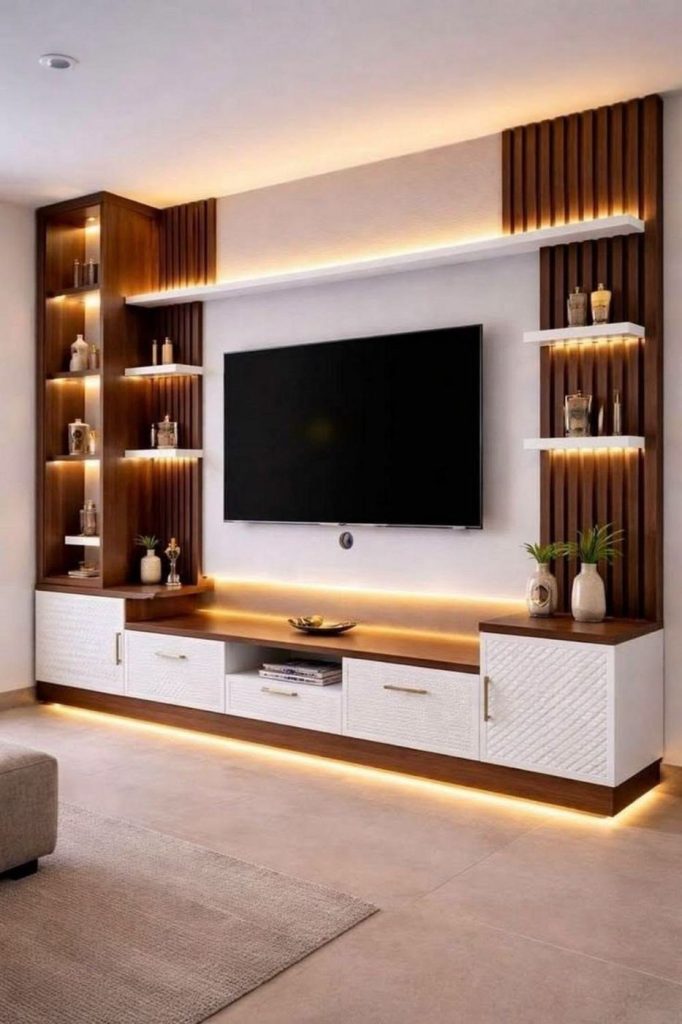 White TV unit with slatted side panels