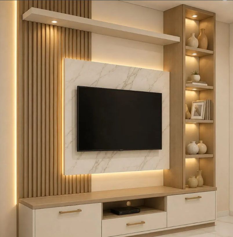 Marble-finish TV wall with display unit