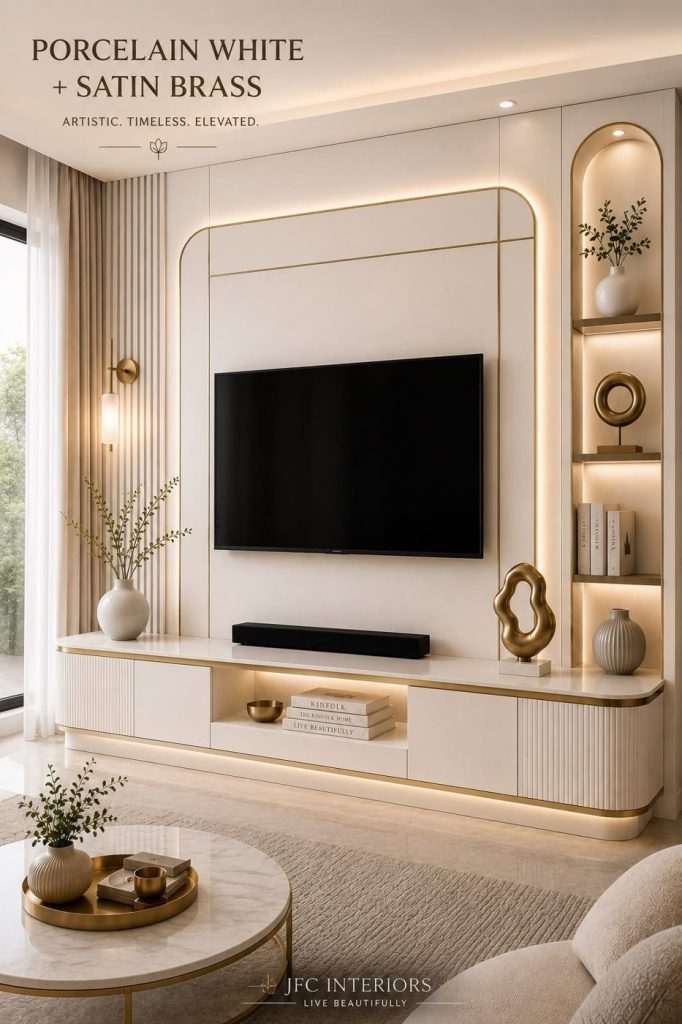 Ivory TV wall with arched display niche