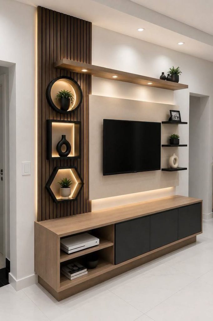 TV unit with round lit niches