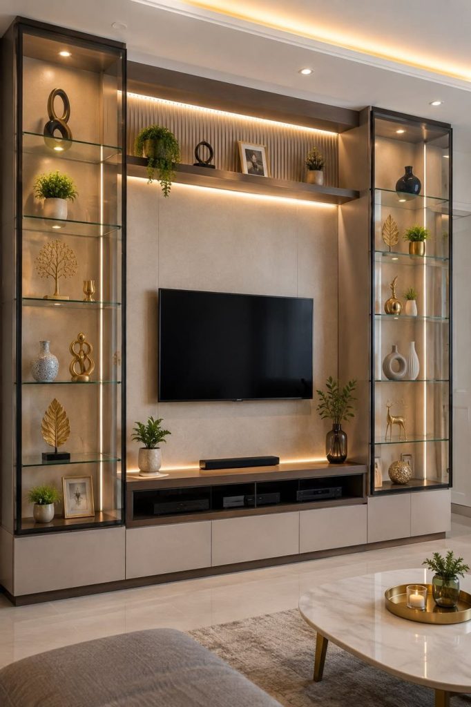 TV wall with glass display cabinets