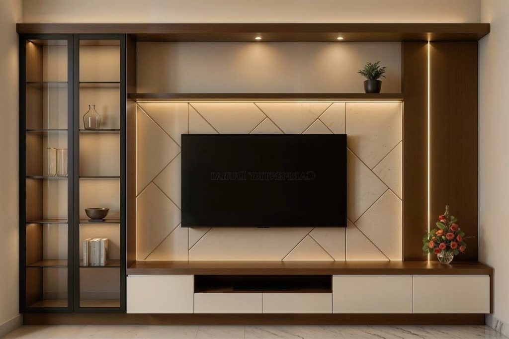 TV wall with glass display and diagonal panelling