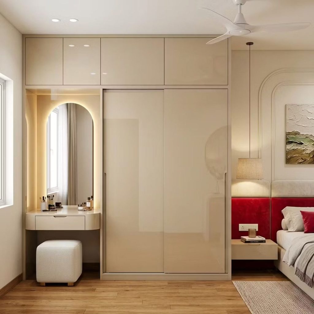Wardrobe with arched mirror dressing unit
