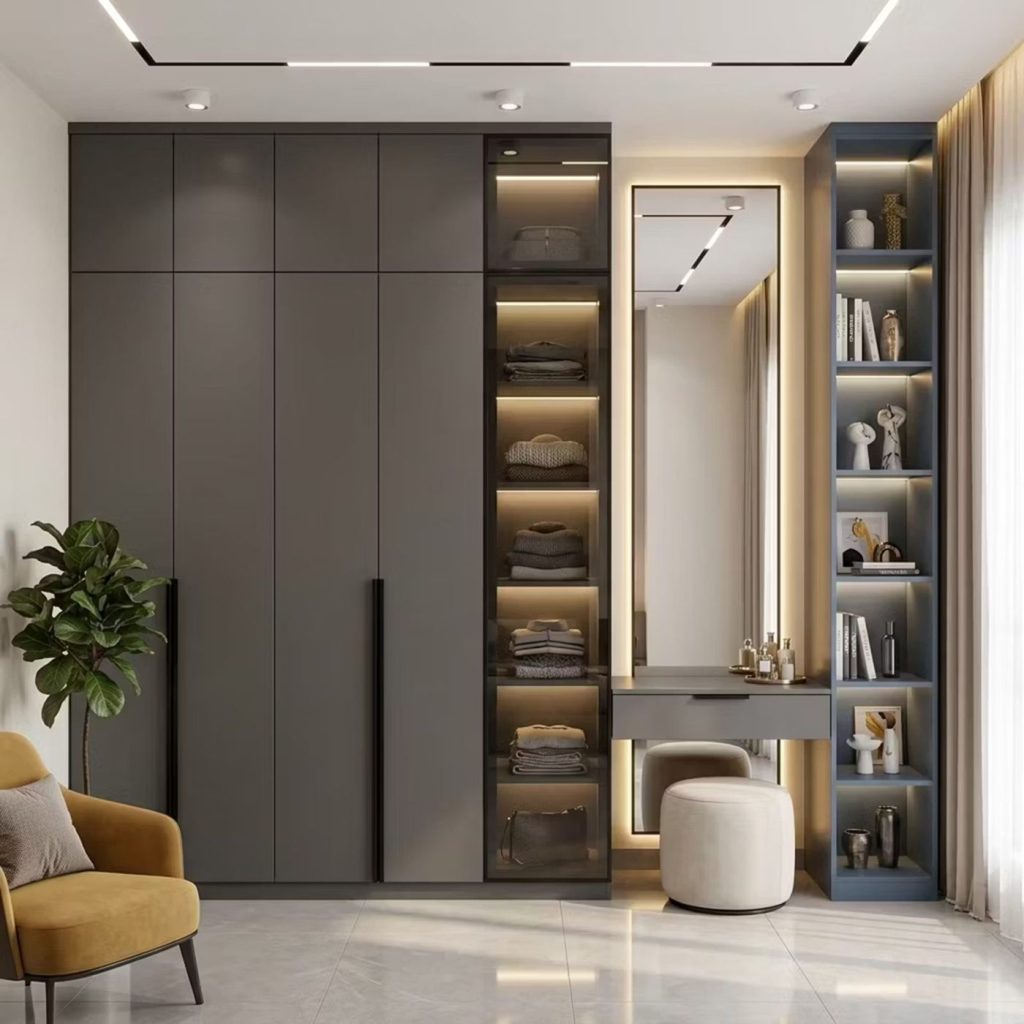 Grey wardrobe with glass display and dressing unit