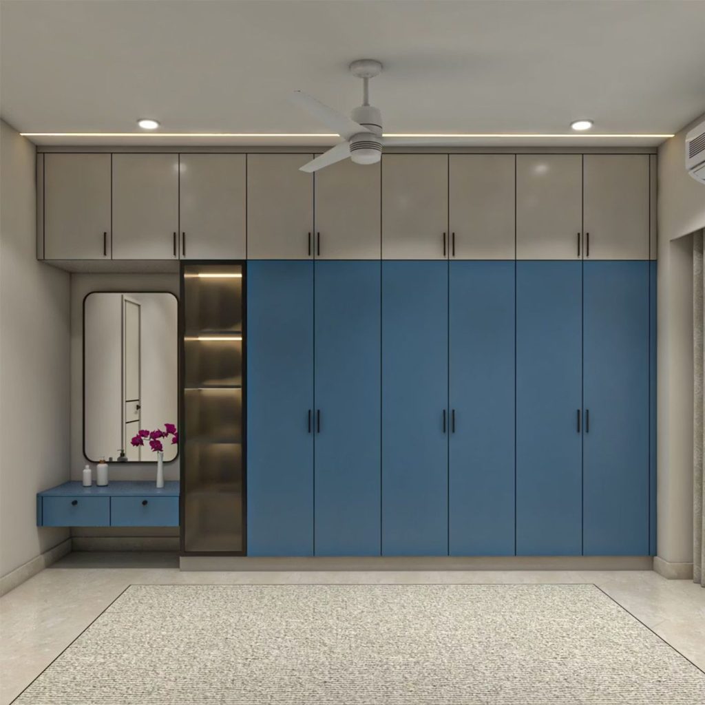 Blue and grey wardrobe with dressing table