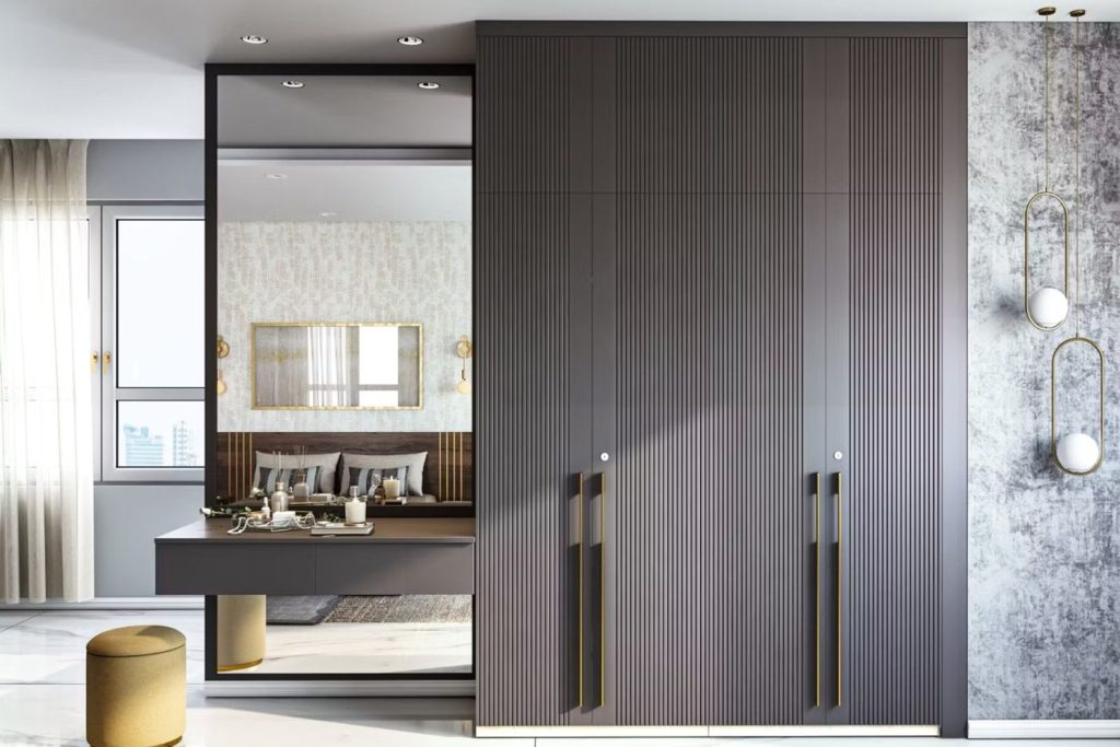 Dark wood wardrobe in a bedroom