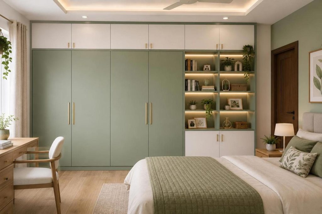Bedroom with sage-green wardrobe and lit open shelves