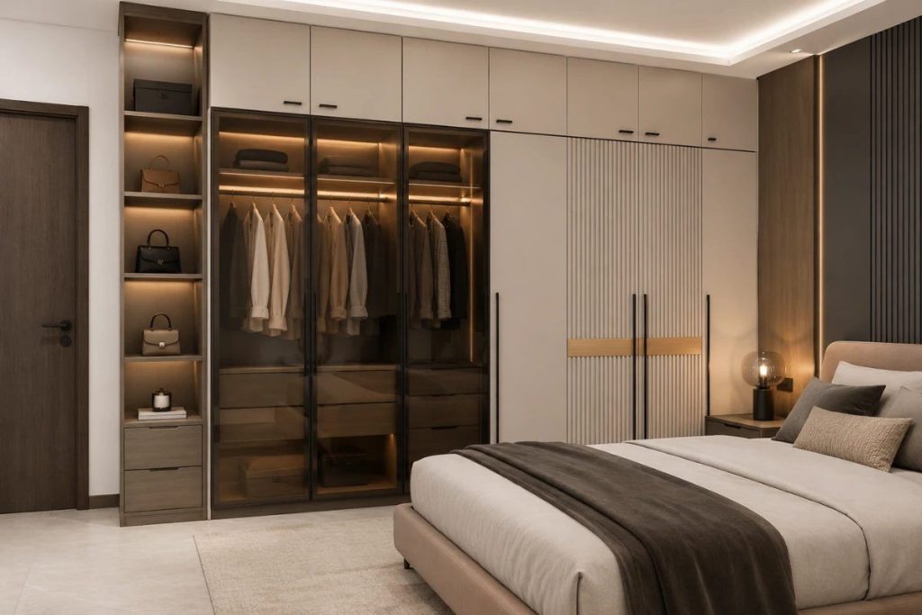 Bedroom walk-in wardrobe with glass shutters
