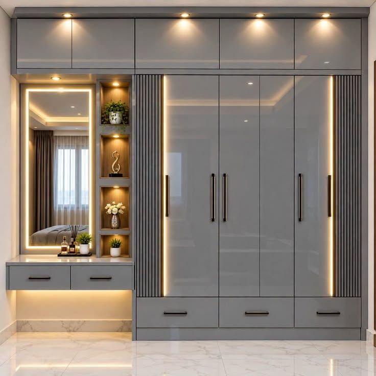 Grey wardrobe with lit dressing unit
